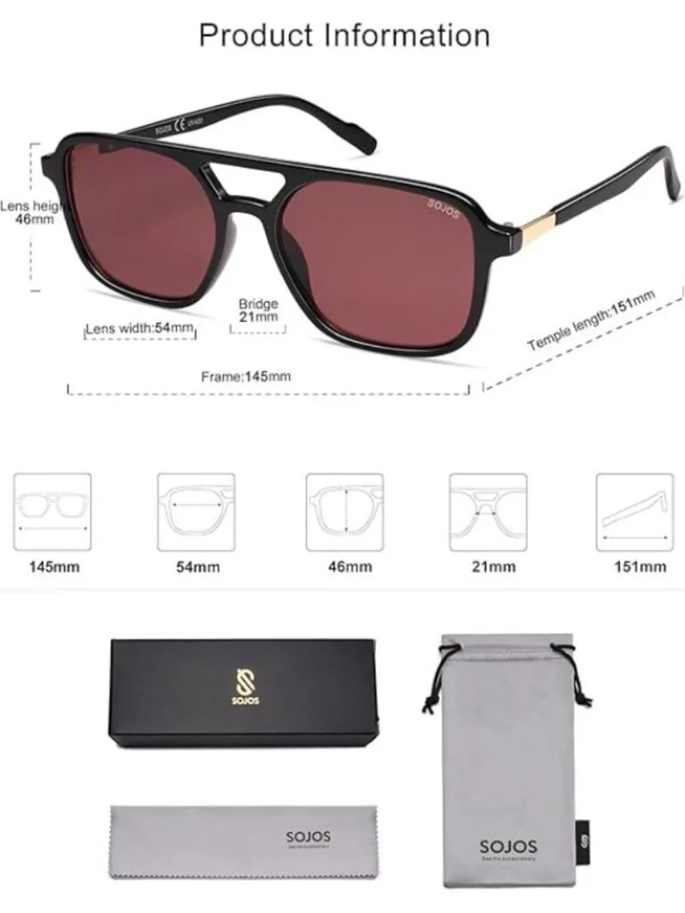 SOJOS Women Aviator Sunglasses Rectangle Sun Glasses Black Frame Red Lens